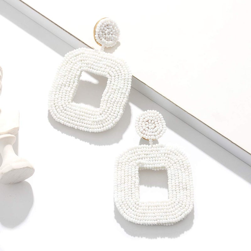 Boderier Beaded Drop Earrings Bohemian Beaded Square Hoop Dangle Statement Earrings (White) - Image 3